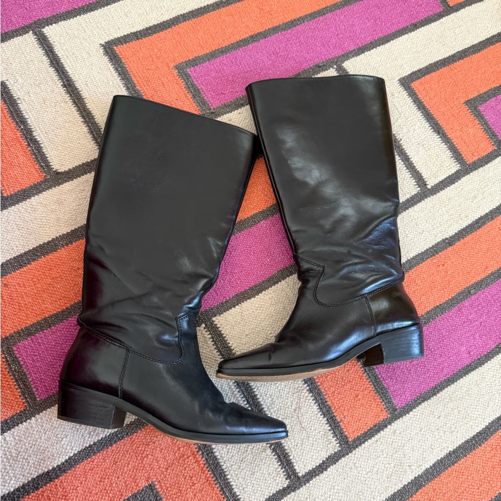 Vince Camuto Extra Wide Calf 10 Black Leather Mid-Calf Low Heel/Flat Boots